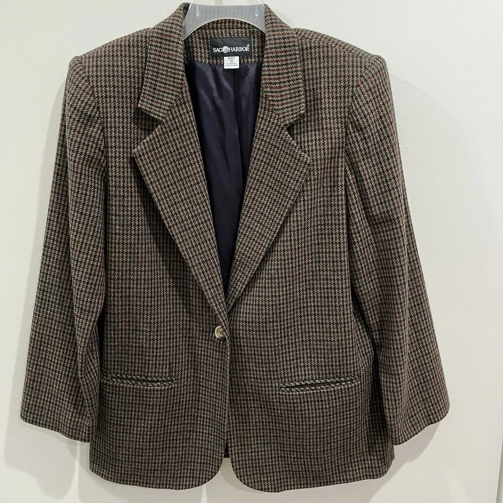 Sag Harbor Vintage Wool Blend Houndstooth Women's Blazer Jacket Casual Size 12